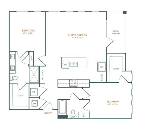 Floor plan for 2 beds, 2 baths, 1246 sqft